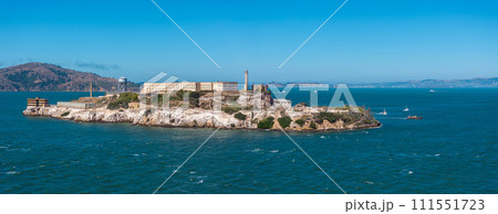Aerial view of the prison island of Alcatraz in San Francisco Bay, Alcatraz jail in San Francisco bay aerial view. Beautiful aerial view of the Alcatraz island with Golden Gate bridge. Aerial view of the prison island of Alcatraz in San Francisco Bay, Alcatraz jail in San Francisco bay aerial view. Beautiful aerial view of the Alcatraz island with Golden Gate bridge. 111551723