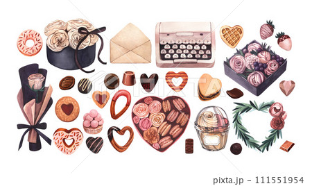 Love concept: realistic cookies, sweet desserts, rose bouquet in a heart box with macaroons and typewriter. Watercolor hand-drawn illustration isolated on white background for Happy Valentine's day Love concept: realistic cookies, sweet desserts, rose bouquet in a heart box with macaroons and typewriter. Watercolor hand-drawn illustration isolated on white background for Happy Valentine's day 111551954