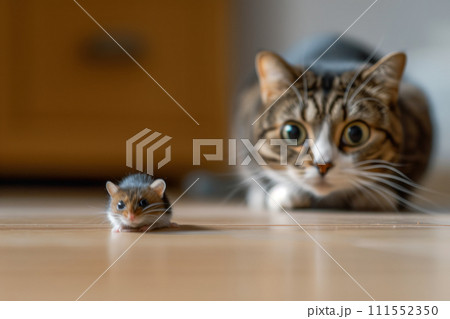 Domestic cat hunting to mouse at home, young kitty face before pounce, happy pet playing with food in house. Concept of attack, funny animal, kitten. 111552350
