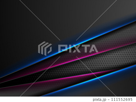 Blue purple glowing neon lines on dark perforated background Blue purple glowing neon lines on dark perforated background 111552695