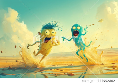 Two scary fairy tale monsters running around. 3d illustration 111552802