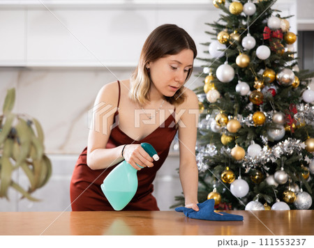 Young woman wipes the table with a damp cloth Young woman wipes the table with a damp cloth 111553237