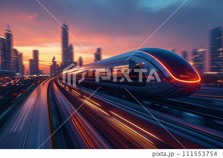 Transportation concept, A sleek futuristic train speeds along its track, cutting through a cityscape against the backdrop of a vibrant sunset sky. Transportation concept, A sleek futuristic train speeds along its track, cutting through a cityscape against the backdrop of a vibrant sunset sky. 111553754