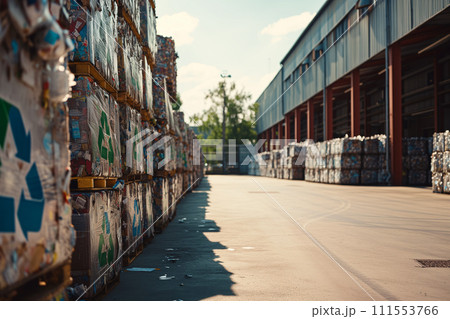 An industrial waste management facility with scattered refuse, emphasizing the scale and challenges of modern waste processing. 111553766