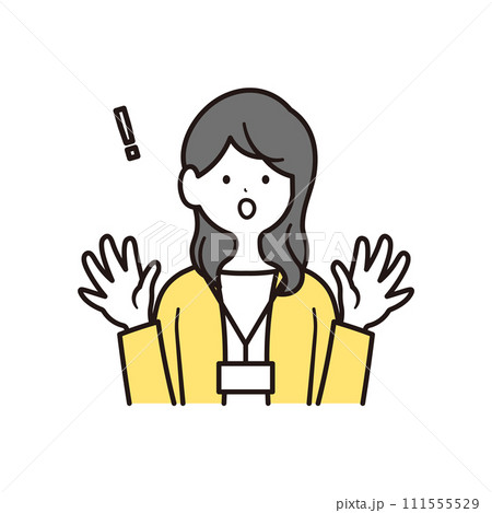驚く社員証を下げた日本人女性会社員とビックリマークのイラスト素材 驚く社員証を下げた日本人女性会社員とビックリマークのイラスト素材 111555529