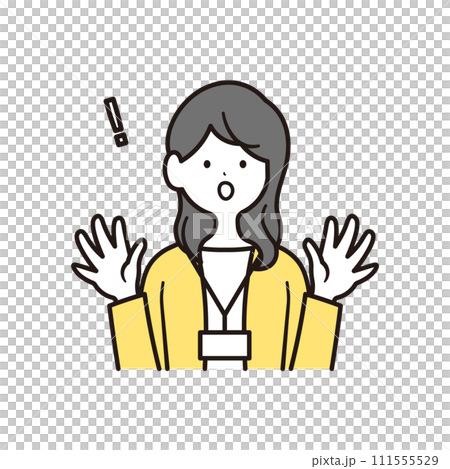 驚く社員証を下げた日本人女性会社員とビックリマークのイラスト素材 驚く社員証を下げた日本人女性会社員とビックリマークのイラスト素材 111555529