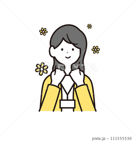 感動して喜ぶ社員証を下げた日本人女性会社員と花のイラスト素材 111555530