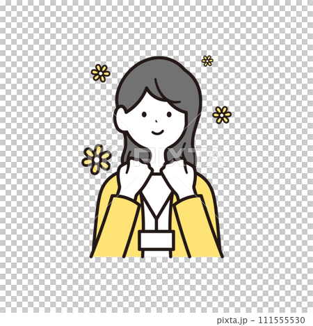 感動して喜ぶ社員証を下げた日本人女性会社員と花のイラスト素材 111555530