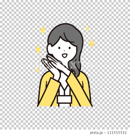 感動して喜ぶ社員証を下げた日本人女性会社員と星のイラスト素材 111555532