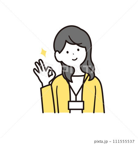 オッケーポーズをする社員証を下げた日本人女性会社員と星のイラスト素材 111555537