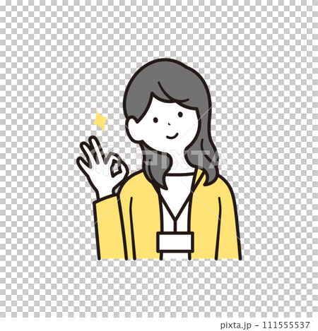 オッケーポーズをする社員証を下げた日本人女性会社員と星のイラスト素材 111555537