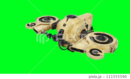 Flying military, war droid, bot with gun. Green screen. 3d rendering. 111555590