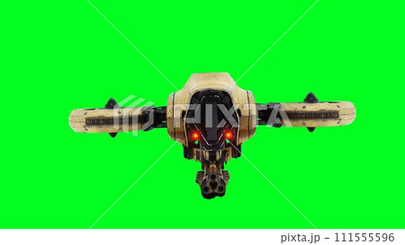 Flying military, war droid, bot with gun. Green screen. 3d rendering. 111555596
