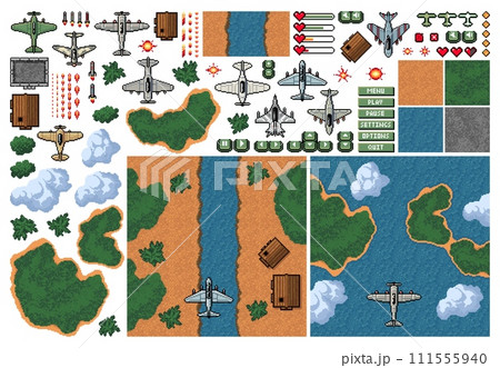 8bit pixel arcade game of fight plane, 2D top view of flight bomber and fighter plane, vector elements. Air flight landscape environment, health and life symbols for air combat game in 8 bit pixels 8bit pixel arcade game of fight plane, 2D top view of flight bomber and fighter plane, vector elements. Air flight landscape environment, health and life symbols for air combat game in 8 bit pixels 111555940
