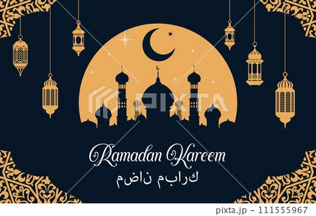 Ramadan Kareem and Eid Mubarak Muslim holiday vector banner with mosque and Arabian lanterns. Islam religious holiday greetings in Arabic letters with mosque, crescent moon and stars silhouette 111555967