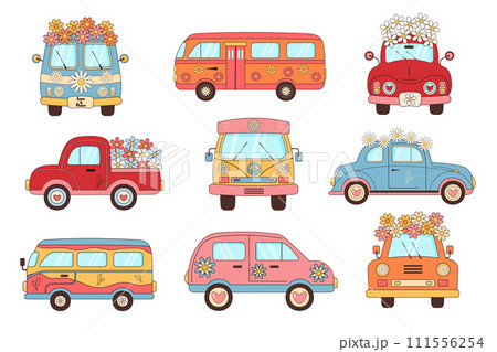 Groovy hippie vintage bus and car set. Retro travel automobiles with flowers 111556254