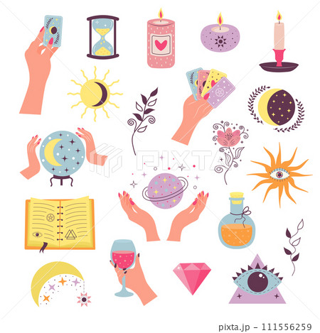 Set of alchemy esoteric mystical magic elements. Witchcraft magical stickers. Set of alchemy esoteric mystical magic elements. Witchcraft magical stickers. 111556259