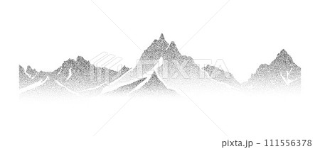 Stippled grain mountain range illustration. Dotted landscape terrain silhouette. Black and white grainy hill chain. Grunge noise mount peaks background. Ridge texture wallpaper. Dot work style vector 111556378