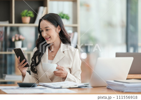 Young attractive businesswoman working on her project with laptop computer in modern office room. Young attractive businesswoman working on her project with laptop computer in modern office room. 111556918