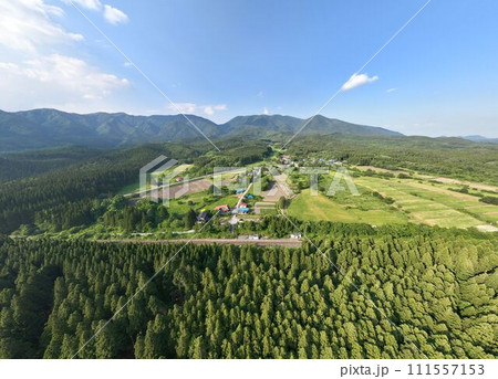 堺田分水嶺と陸羽東線堺田駅 太平洋と日本海を分ける空撮写真 堺田分水嶺と陸羽東線堺田駅 太平洋と日本海を分ける空撮写真 111557153
