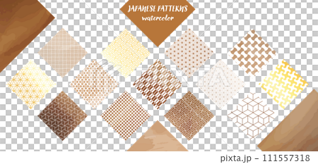 Watercolor style Japanese pattern, brown and gold square material set Watercolor style Japanese pattern, brown and gold square material set 111557318