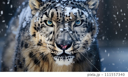 Front view of a fierce snow leopard. Generative AI 111557340