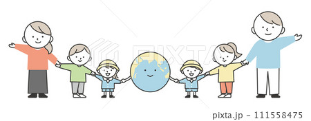 地球と手をつないでいる色々な世代の人物　地球環境の保護や平和のイメージ 111558475