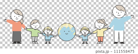 People of various generations holding hands with the earth, an image of protection of the global environment and peace 111558475