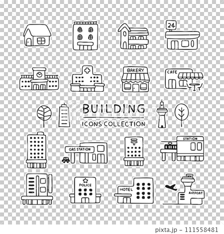 Buildings and facilities icon set 111558481