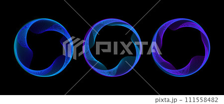 Neon dotted circle set. Blue purple glowing round tech frame collection. Curved wave dot line circles on black background. Bright colorful gradient circular border pack. Vector design element bundle 111558482