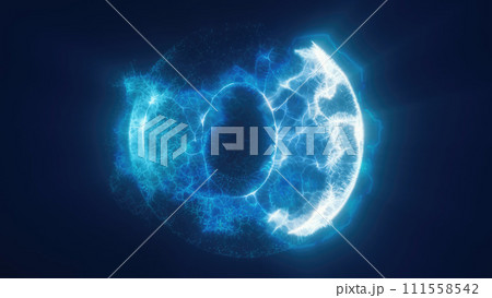 Blue energy sphere, ball of futuristic energy particles round force field. Abstract background 111558542