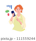 スマホを見ながらお金について悩む主婦 111559244