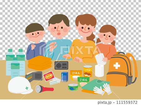 Illustration of a family checking disaster prevention goods 111559372