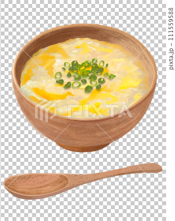 Rice porridge (with egg porridge and green onions) with wooden spoon 111559588