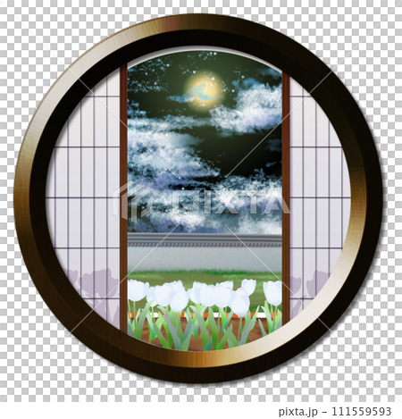 透過圓窗看到的月亮照亮的鬱金香花壇 透過圓窗看到的月亮照亮的鬱金香花壇 111559593