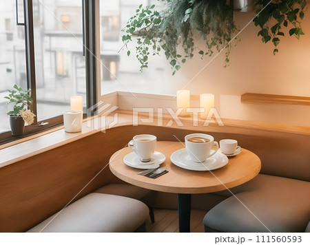 white coffee cup on wood floor in living room 111560593