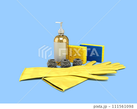 set of utensils for washing dishes 3d render on blue background set of utensils for washing dishes 3d render on blue background 111561098