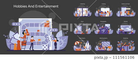 Hobbies set. Everyday leisure activities and passions showcased in vibrant illustrations. From cooking to gaming, each scene vibrates with dynamic energy and engaging pastimes. Vector illustration 111561106