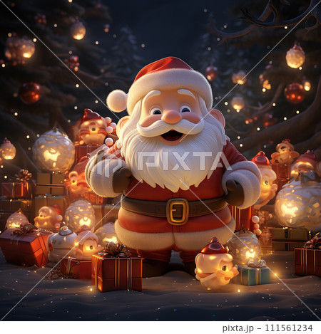 Santa Claus with gifts in front of the Christmas tree. 3d illustration. Generative AI Santa Claus with gifts in front of the Christmas tree. 3d illustration. Generative AI 111561234