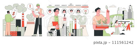 Air quality awareness set. Air quality index and pollution monitoring. Air purifiers devices and mechanisms in urban environments for healthier living. Flat vector illustration 111561242