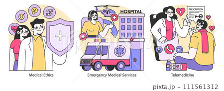 Medical Ethics and Emergency Response set. Upholding patient rights, providing urgent care, advancing remote health consultations. Essential medical scenarios depicted. Flat vector illustration. Medical Ethics and Emergency Response set. Upholding patient rights, providing urgent care, advancing remote health consultations. Essential medical scenarios depicted. Flat vector illustration. 111561312