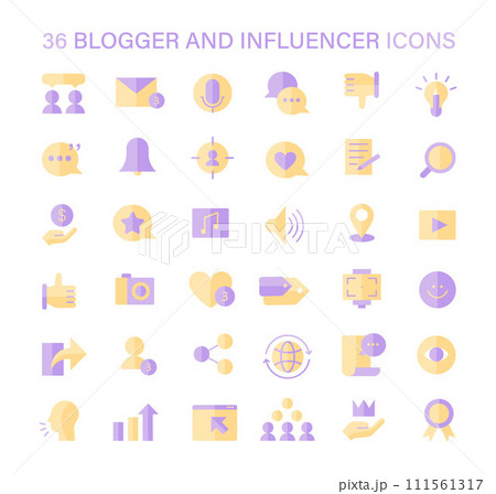 Blogger and Influencer icons set. Versatile icons for content creation, audience engagement, and personal branding. Digital marketing and social media presence tools. Flat vector illustration. 111561317