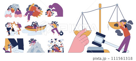 Human fears set. Scared characters confronting personal inadequacies and control issues. Inadequacy and dependence phobias. Flat vector illustration 111561318