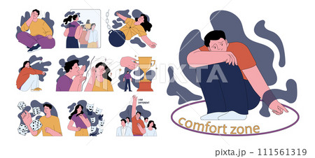 Human fears set. Scared characters confronting personal emotional and existential fears. Frightened anxious person suffering from panic disorder. Psychological problem. Flat vector illustration 111561319