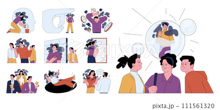 Human fears set. Scared characters confronting personal phobias. Frightened anxious person suffering from panic disorder. Psychological problem. Flat vector illustration 111561320
