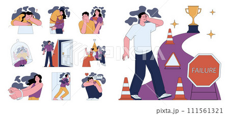 Human fears set. Scared characters confronting personal phobias. Frightened anxious person suffering from panic disorder. Psychological problem. Flat vector illustration 111561321