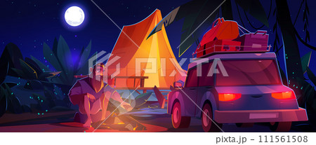 Man sitting near campfire, tent and car at night Man sitting near campfire, tent and car at night 111561508