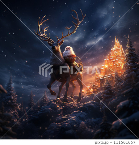 Santa Claus with reindeer in the forest. 3d render. Generative AI 111561657