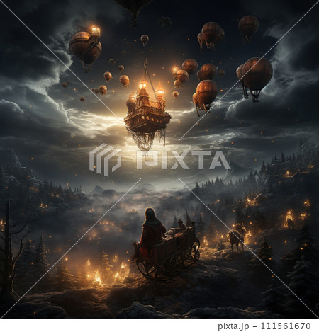 Surrealistic 3D rendering of a fairy tale scene with hot air balloons. Generative AI 111561670