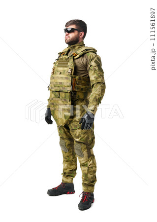 Full length portrait of man soldier wearing ammunition on white background 111561897